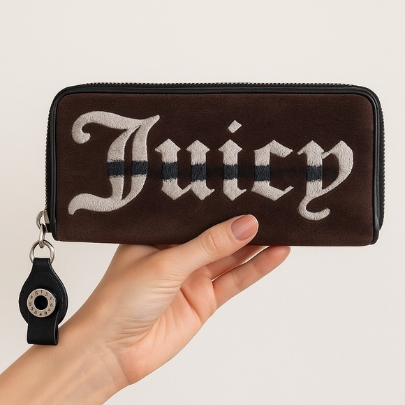 Vintage Y2K Juicy Couture zip-around Wallet Brown Velour velvet Embroidered Logo - Picture 1 of 16